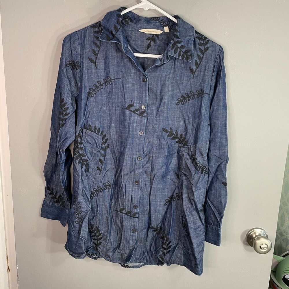Soft Surroundings Womens S Petite Long Sleeve Leaf Embroidered Button Up Shirt